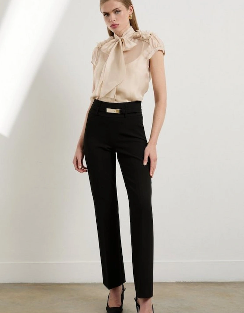Compact Stretch High Waisted Belted Straight Leg Trousers