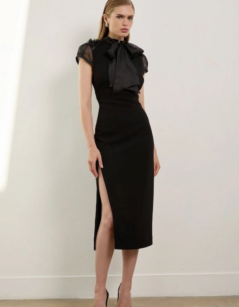 The Founder Petite Organza Petal Applique Woven Tie Neck Midi Dress