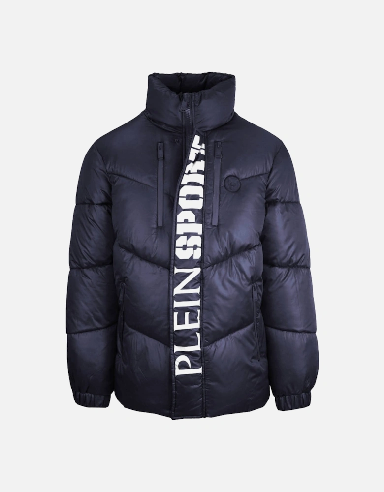 Plein Sport Bold Vertical Logo Shiny Padded Navy Blue Jacket