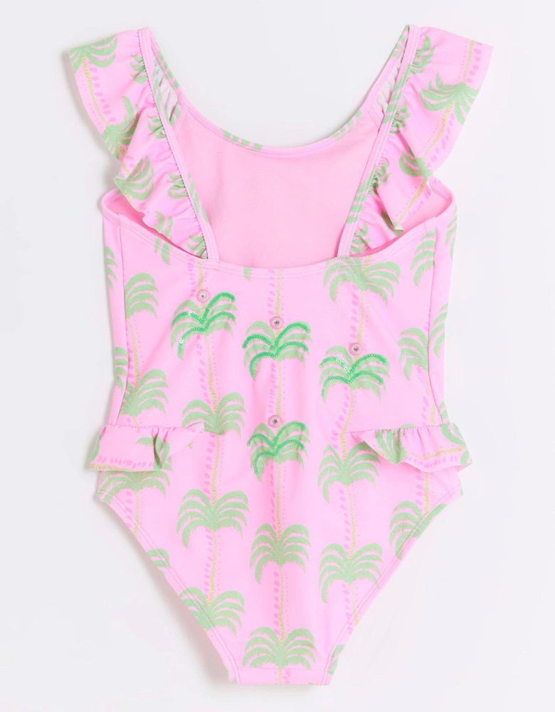 Girls Palm Frill Swimsuit - Pink
