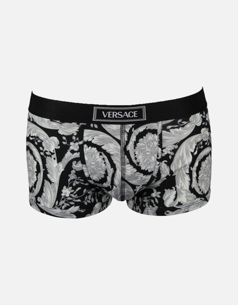 90s Vintage Logo Barocco Print Low Rise Boxer Trunk, Black/Grey