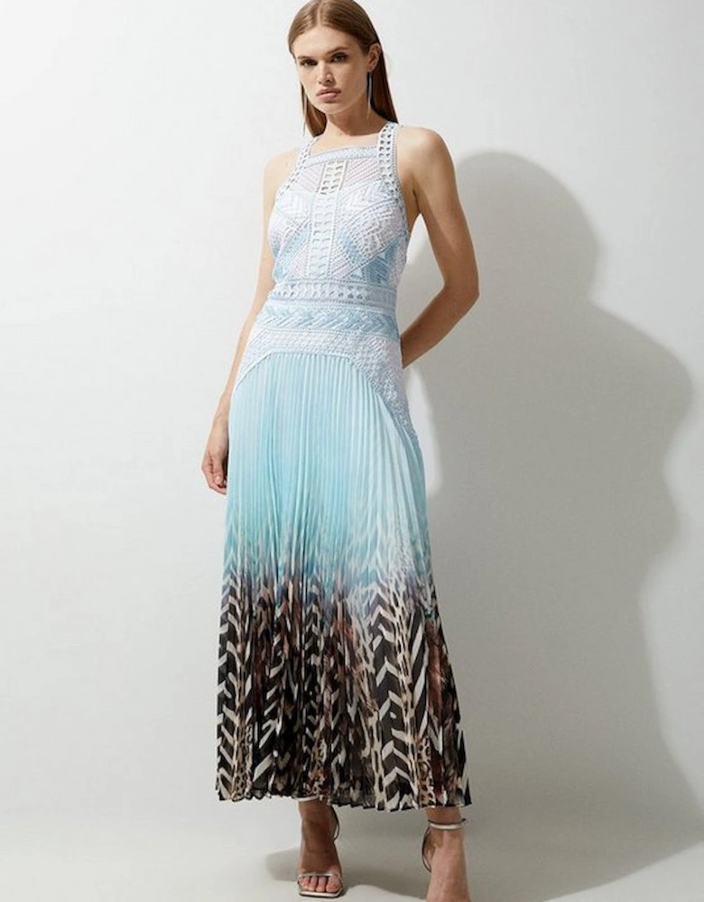 Guipure Lace Printed Pleated Racer Woven Maxi Dress