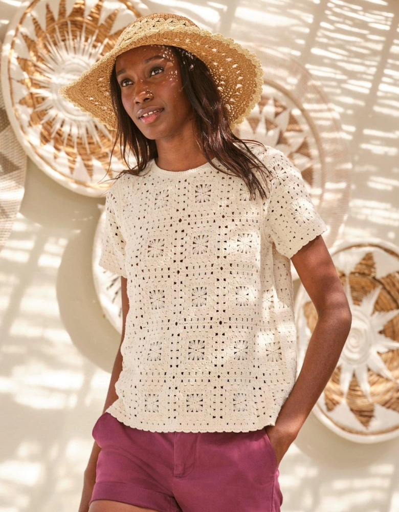 Patchwork Crochet Short Sleeve T-shirt - Cream