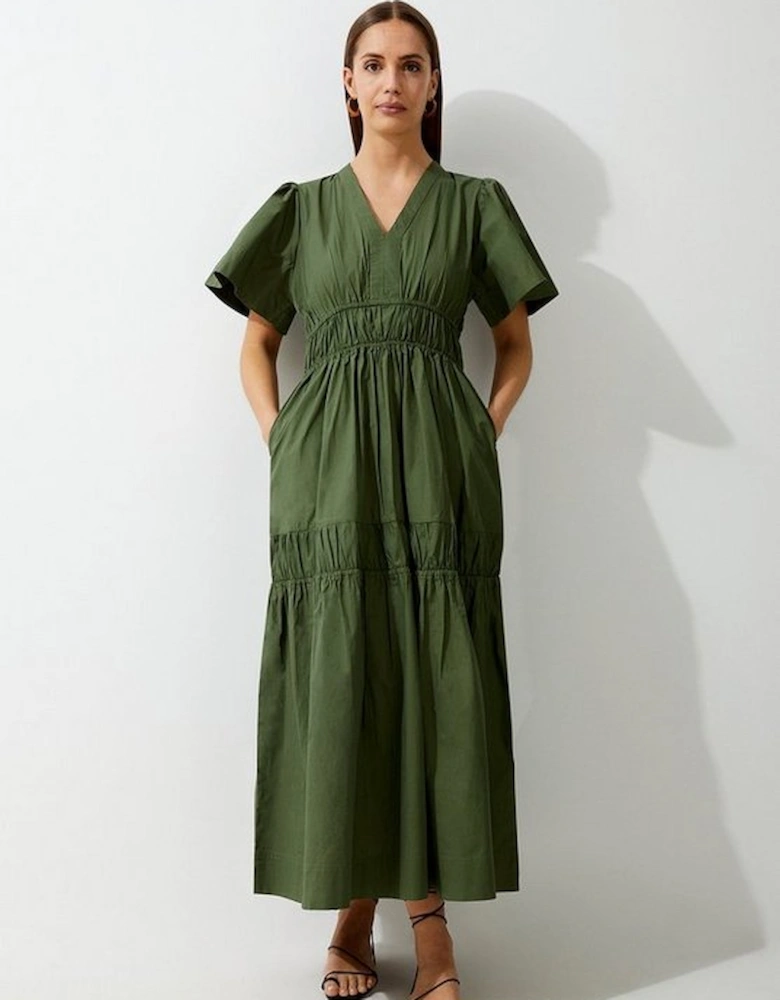 Cotton Woven Shirred Tiered Short Sleeve Maxi Dress