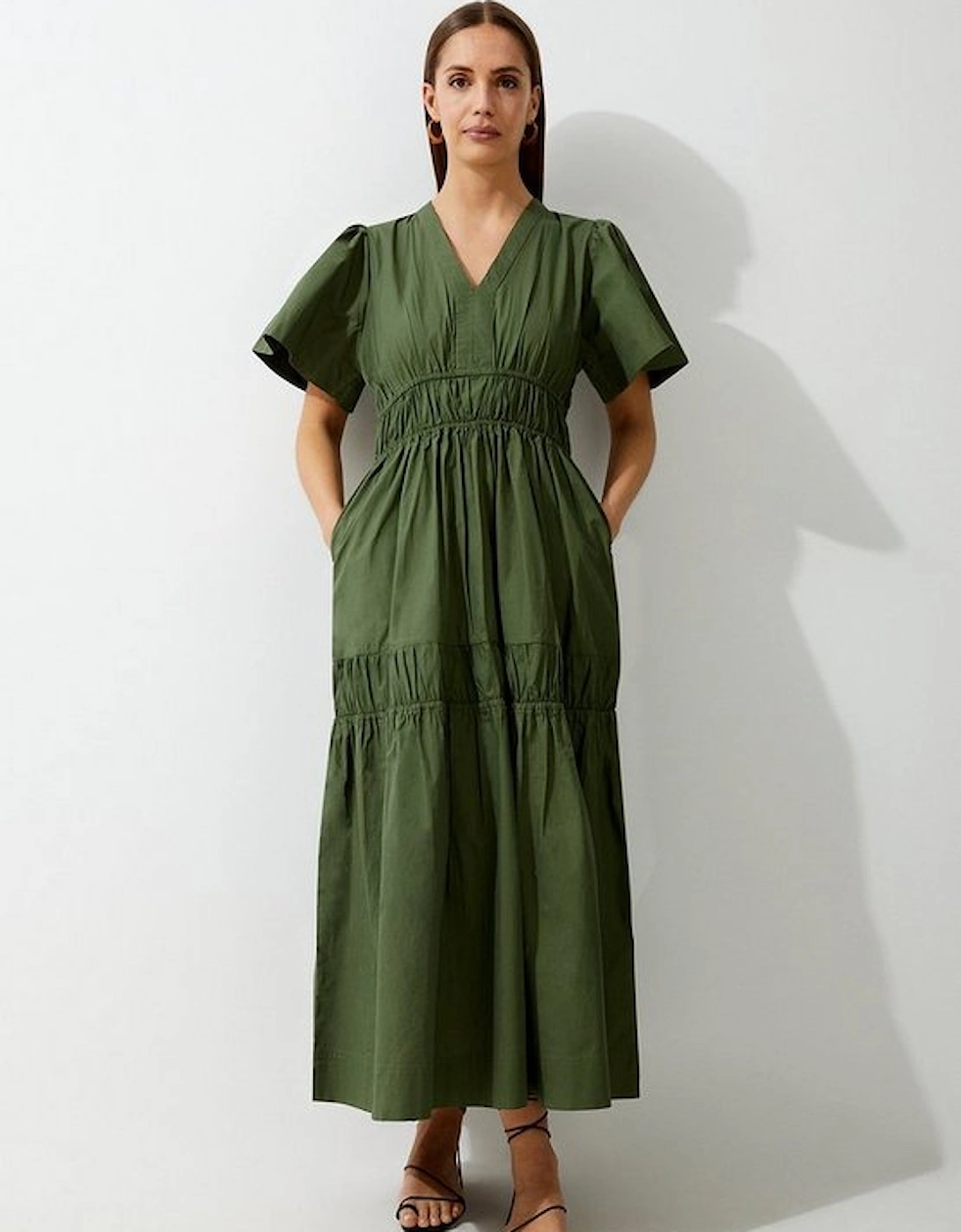 Cotton Woven Shirred Tiered Short Sleeve Maxi Dress, 5 of 4