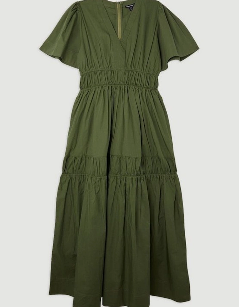 Cotton Woven Shirred Tiered Short Sleeve Maxi Dress