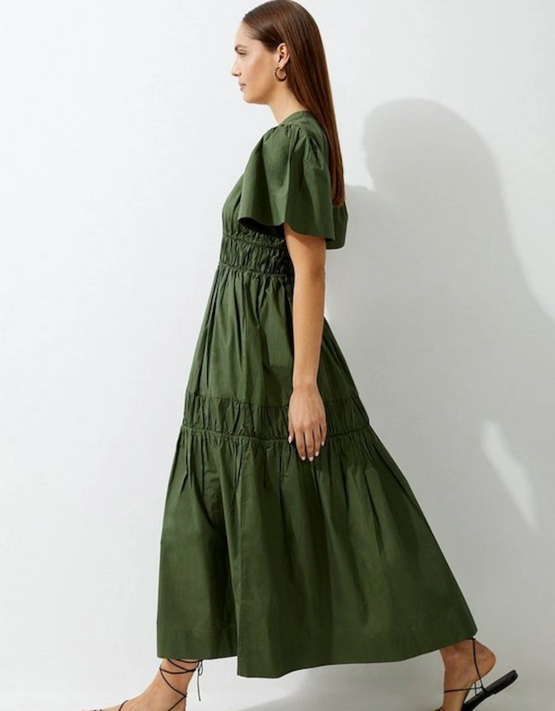 Cotton Woven Shirred Tiered Short Sleeve Maxi Dress