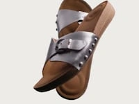 Women's Iqushion Adjustable Buckle Metallic Leather Slides Silver