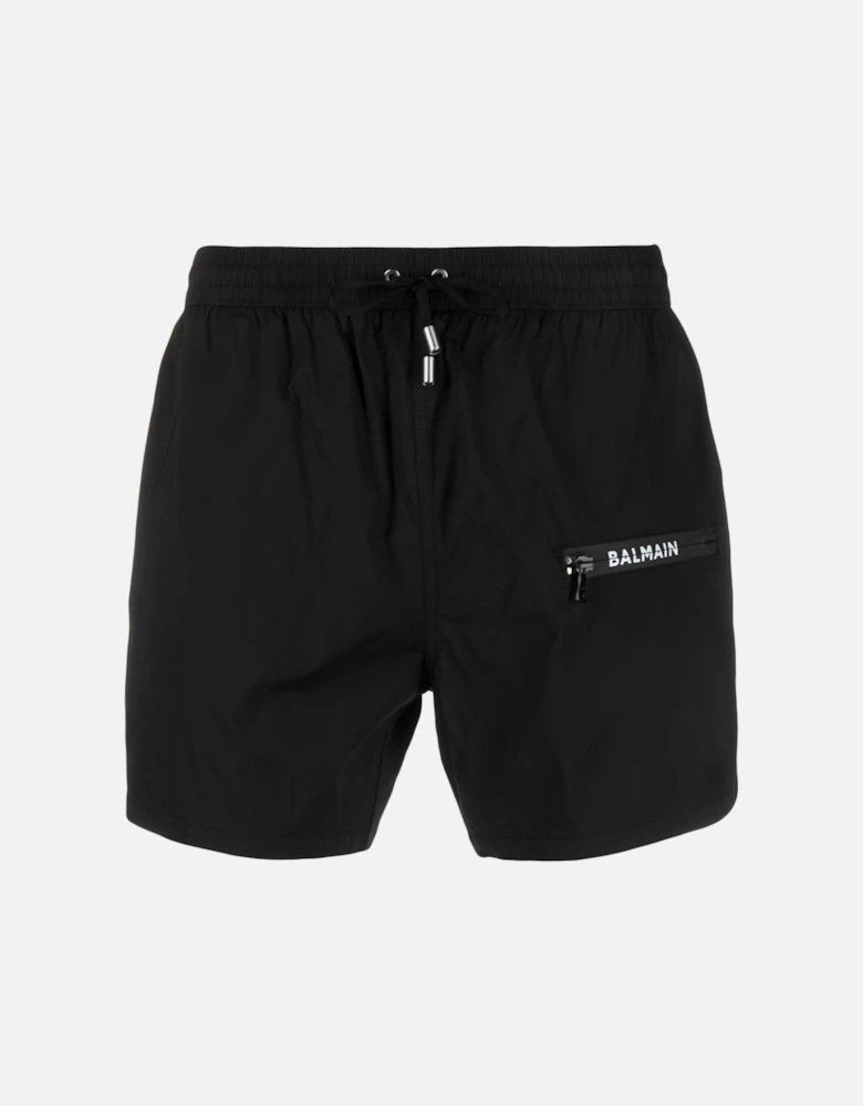 Zip Logo Printed Swim Shorts in Black