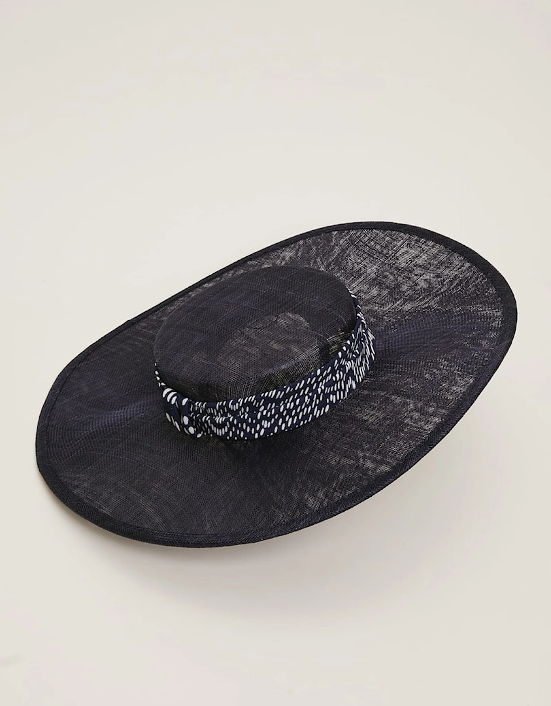 Navy Spotted Trim Boater Fascinator