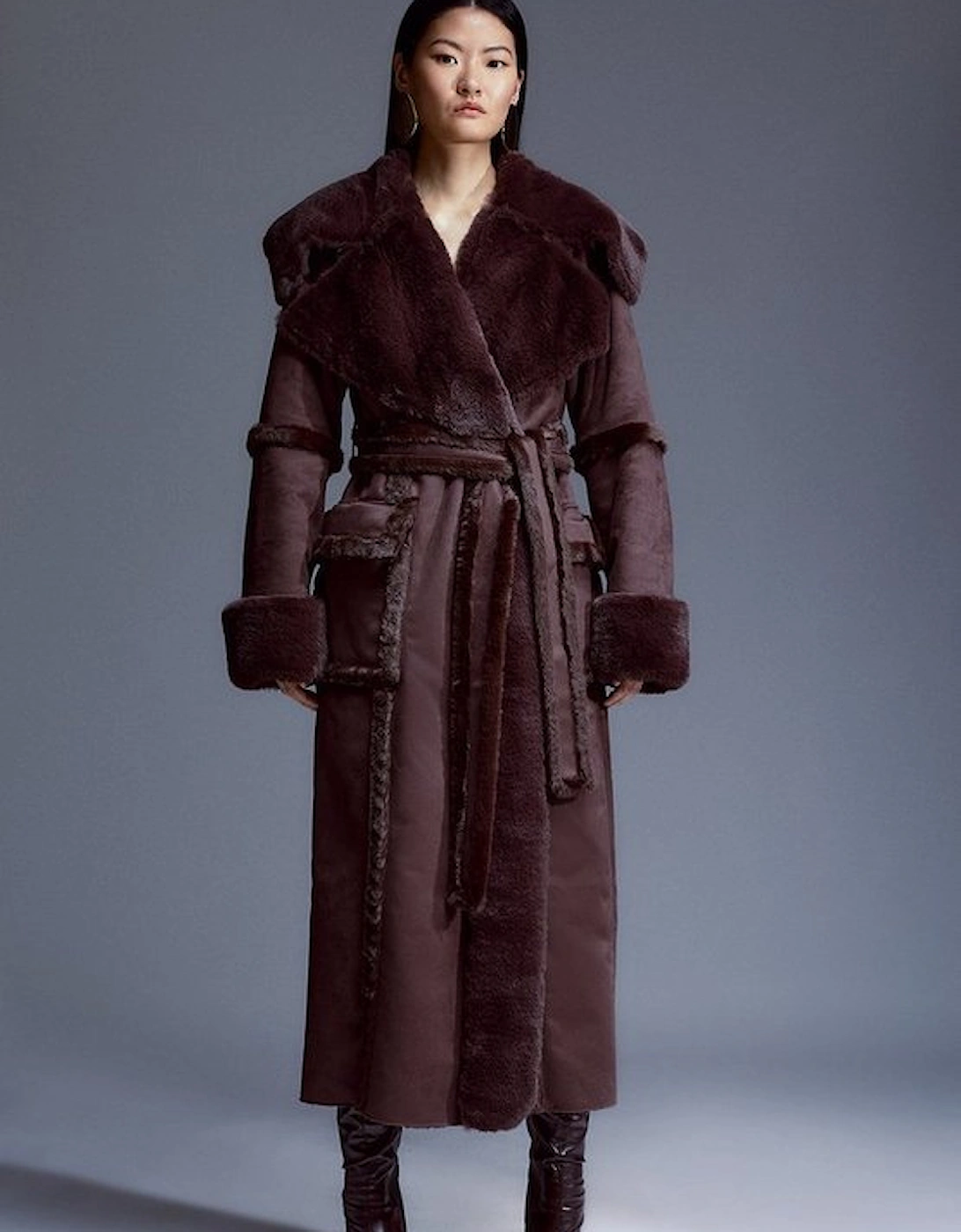 Faux Shearling Collar & Cuff Tie Belt Maxi Coat, 2 of 1
