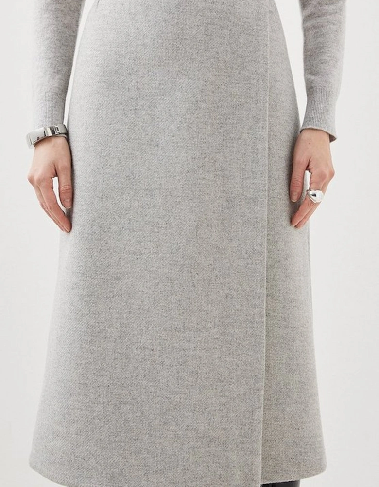 Tailored Wool Blend Double Faced Wrap Detail Midi Skirt