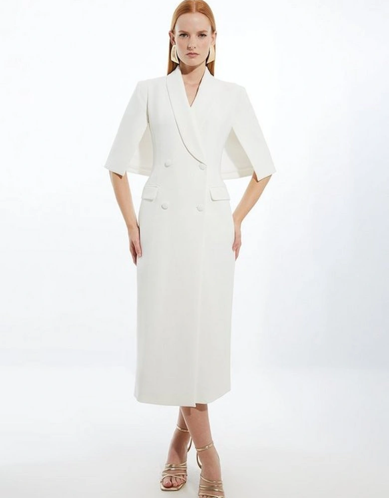 Clean Tailored Tuxedo Cape Sleeve Midi Blazer Dress