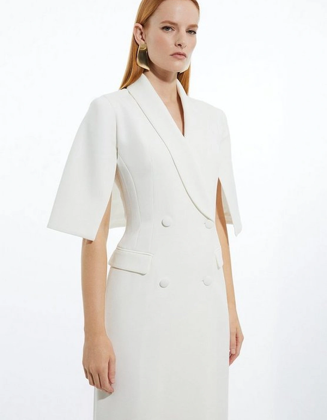 Clean Tailored Tuxedo Cape Sleeve Midi Blazer Dress