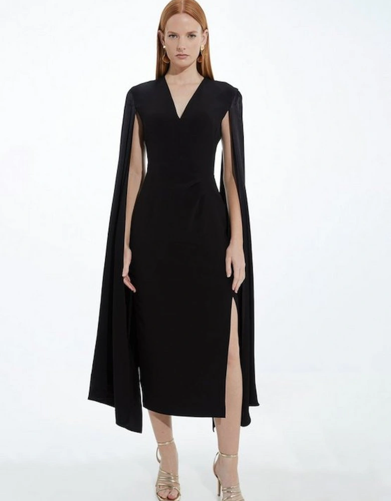 Viscose Satin Back Crepe Tailored V Neck Maxi Cape Dress