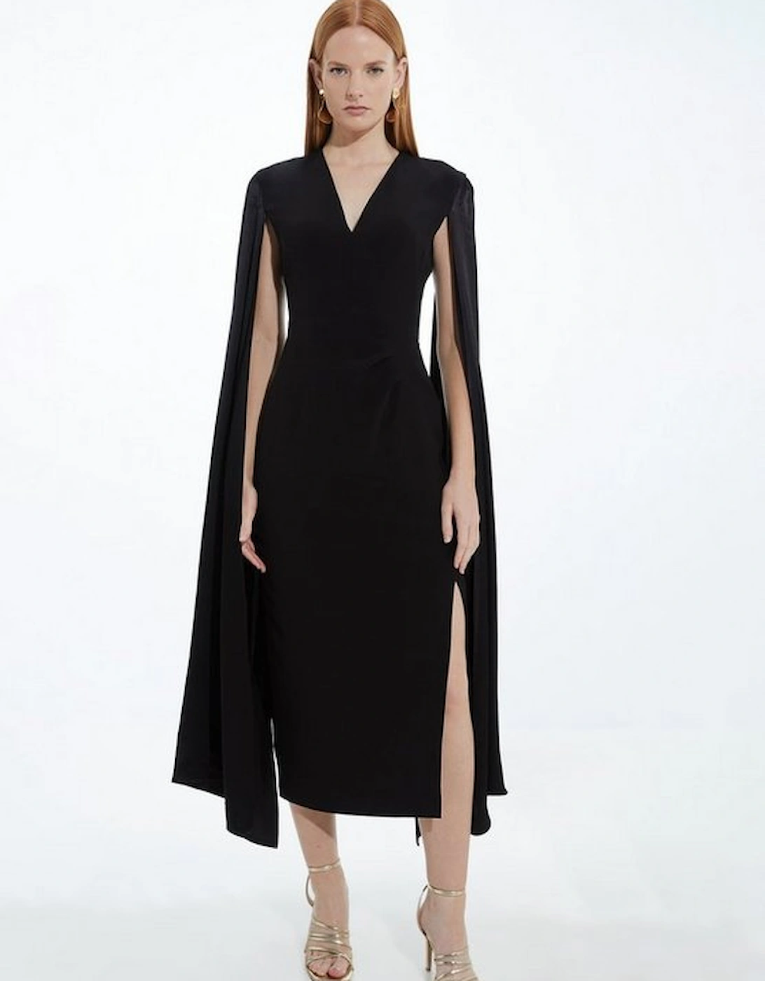 Viscose Satin Back Crepe Tailored V Neck Maxi Cape Dress, 4 of 3