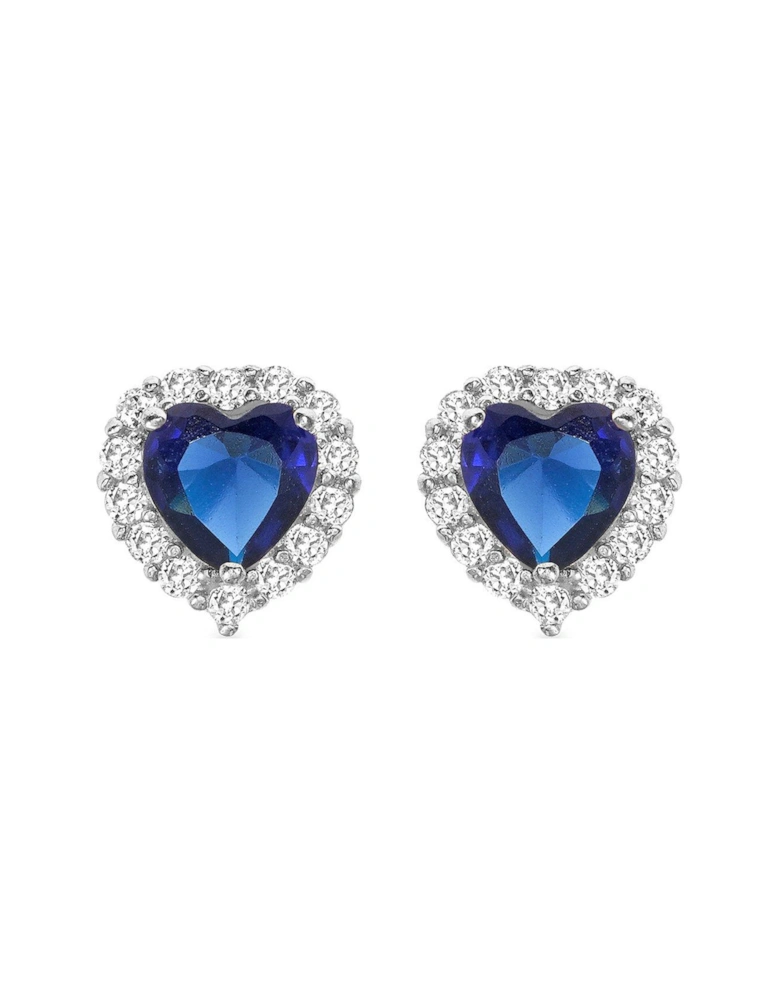 9ct White Gold Sapphire & Cubic Zirconia Halo Heart Stud Earrings