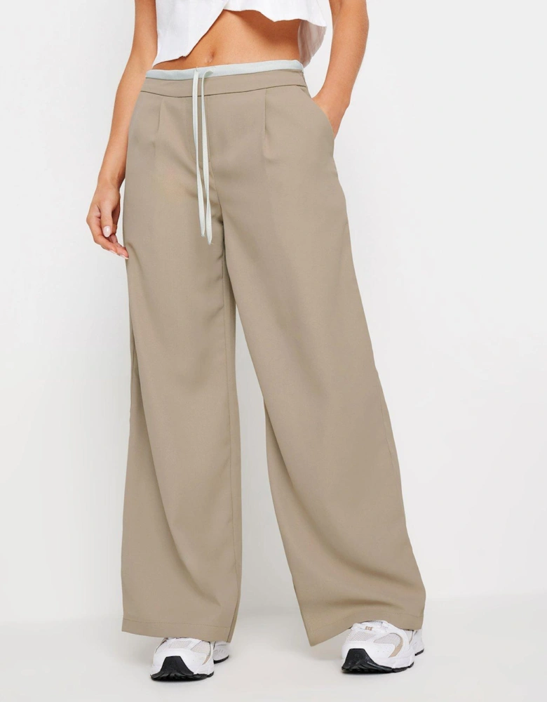 Petite Contrast Waist Wide Leg Trousers - Brown