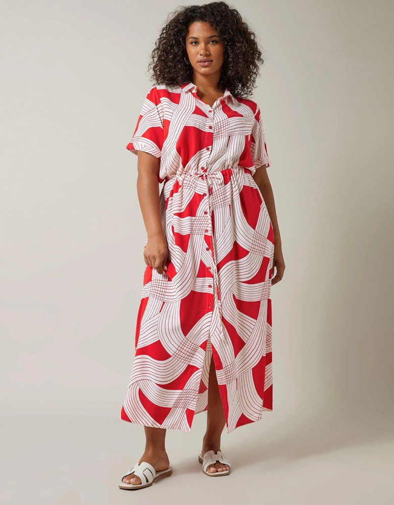 Linear Print Shirt Dress - Red