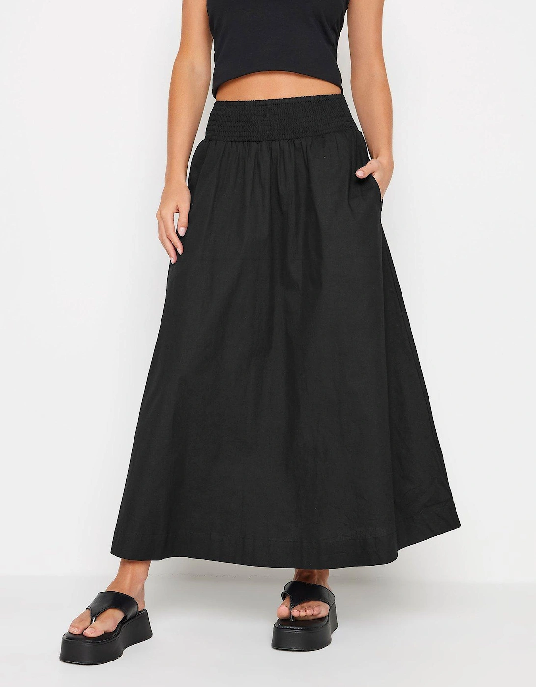 Petite Black Poplin Shirred Maxi Skirt, 2 of 1