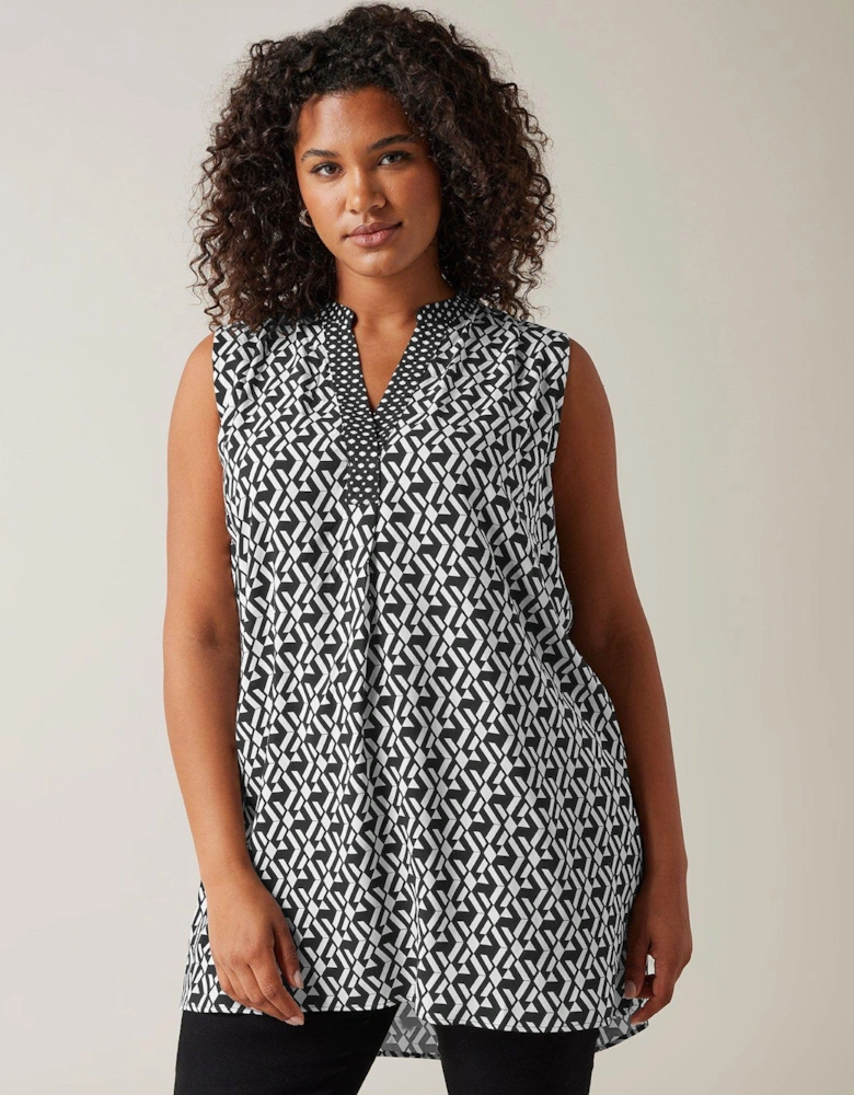 Half Placket Sleeveless Tunic - Black/White