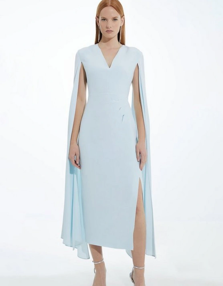 Viscose Satin Back Crepe Tailored V Neck Maxi Cape Dress