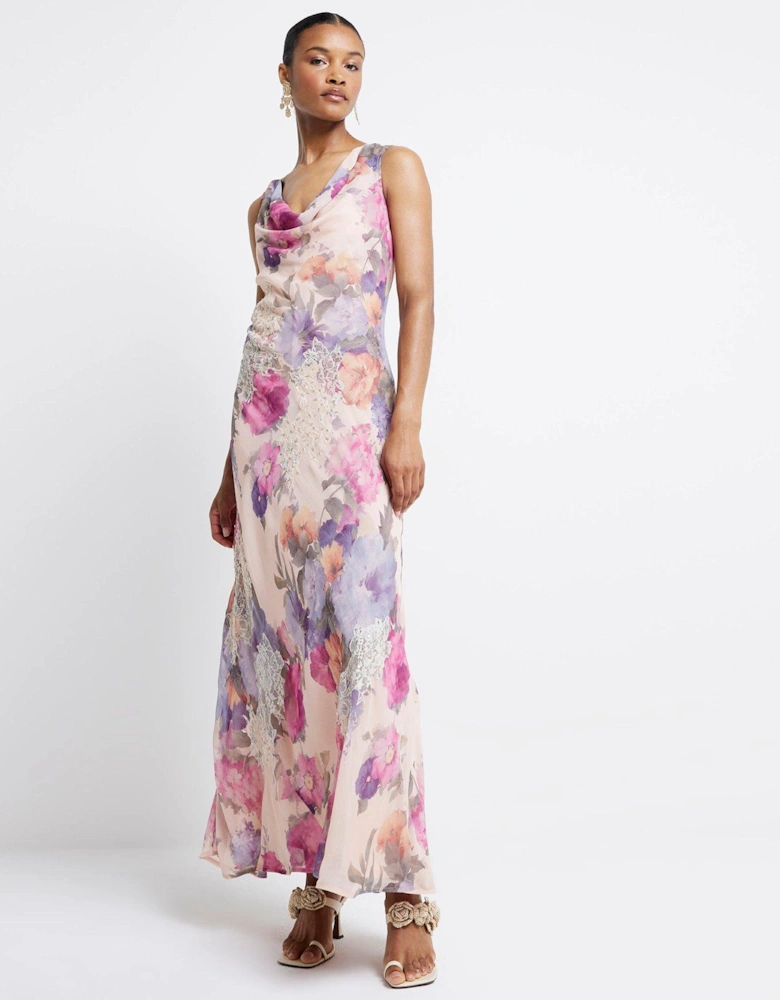 Cowl Neck Maxi Floral Dress - Light Pink