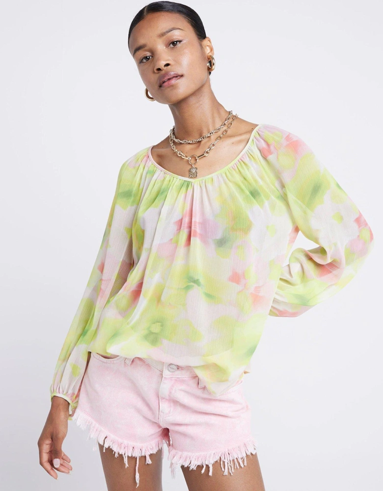 Floral Peasant Blouse - Bright Green