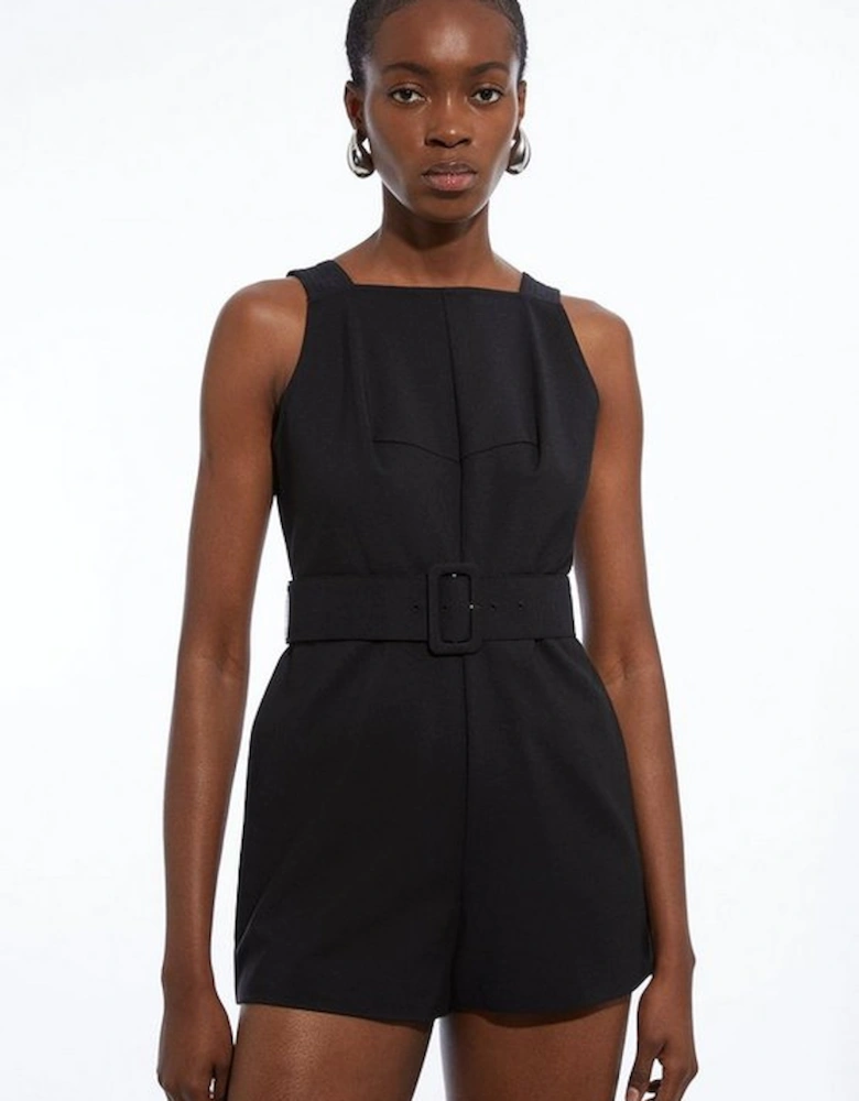 Cotton Sateen Utility Woven Belted Strappy Playsuit