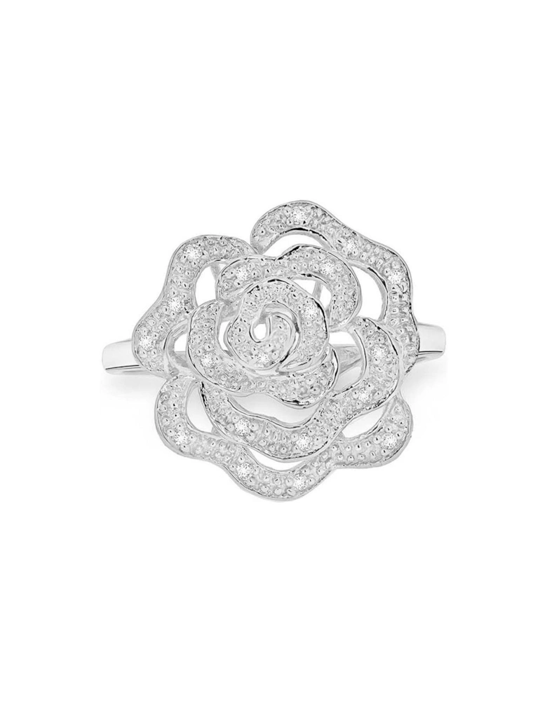 9ct White Gold Diamond Set Rose Ring