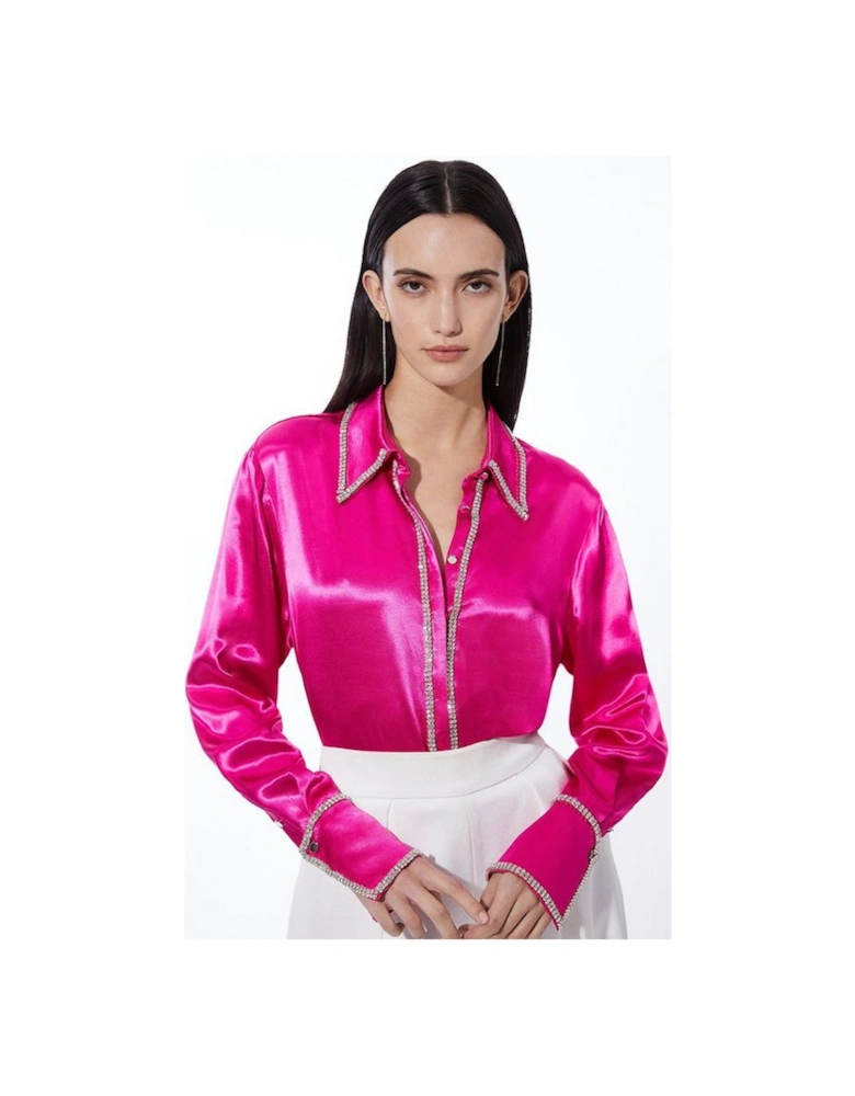 Diamante Trim Viscose Woven Satin Shirt