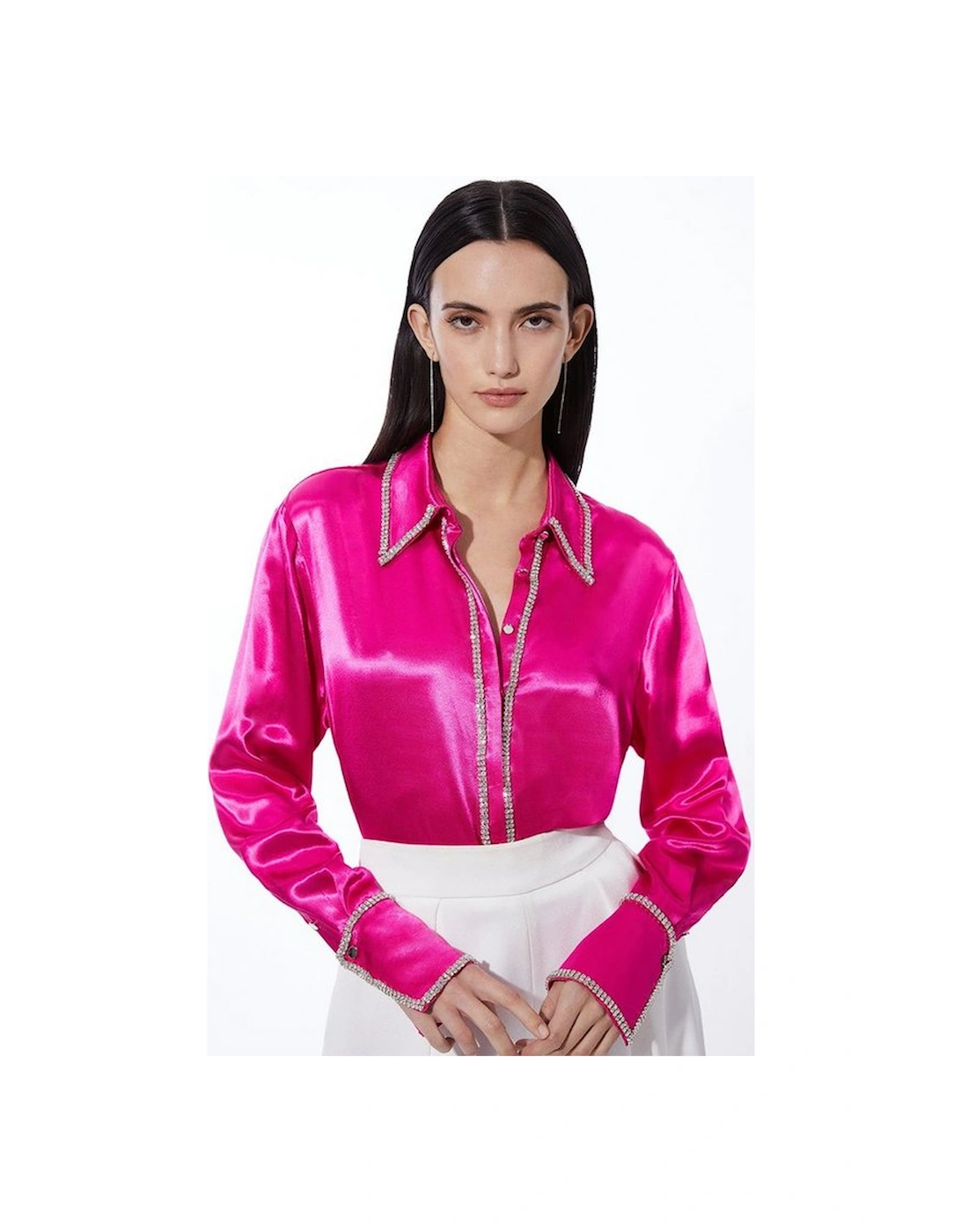 Diamante Trim Viscose Woven Satin Shirt, 5 of 4