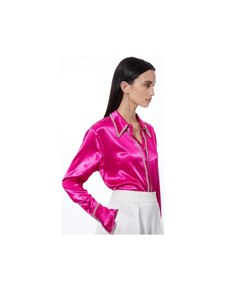 Diamante Trim Viscose Woven Satin Shirt