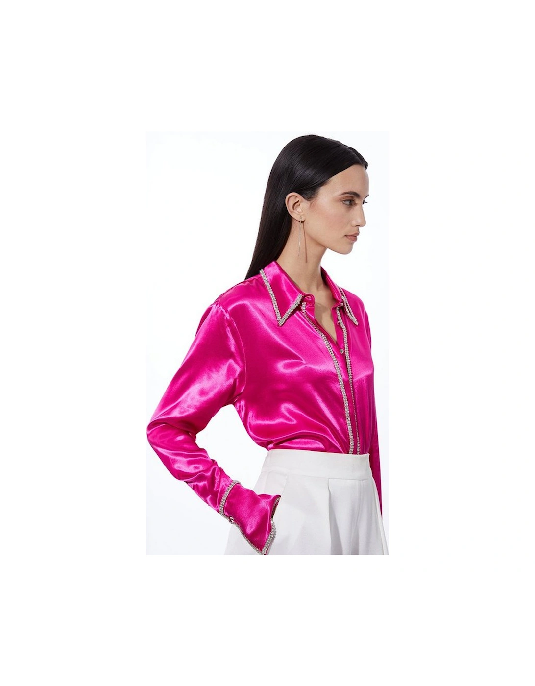 Diamante Trim Viscose Woven Satin Shirt