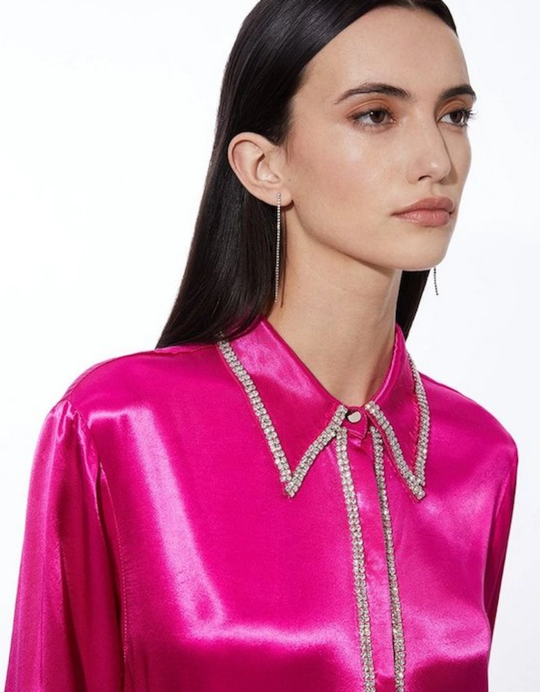 Diamante Trim Viscose Woven Satin Shirt