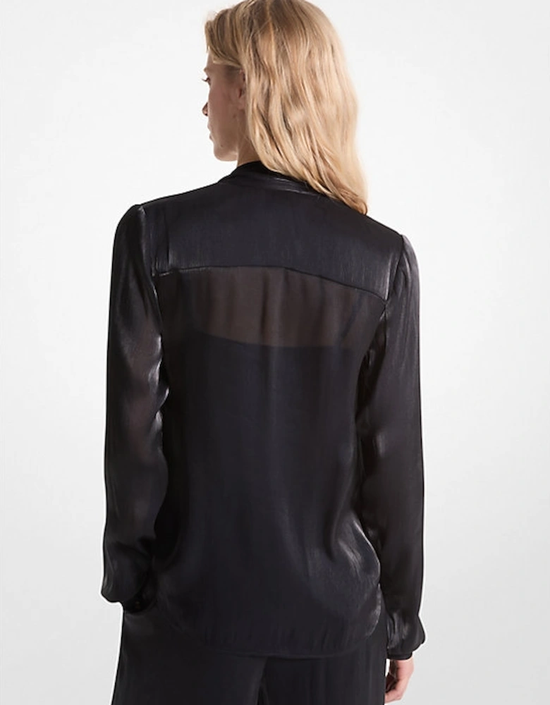 Crinkled Metallic Georgette Tie-Neck Blouse