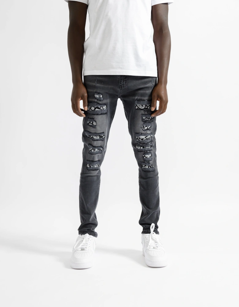 Bordeaux Bandana Distressed Jeans in Black