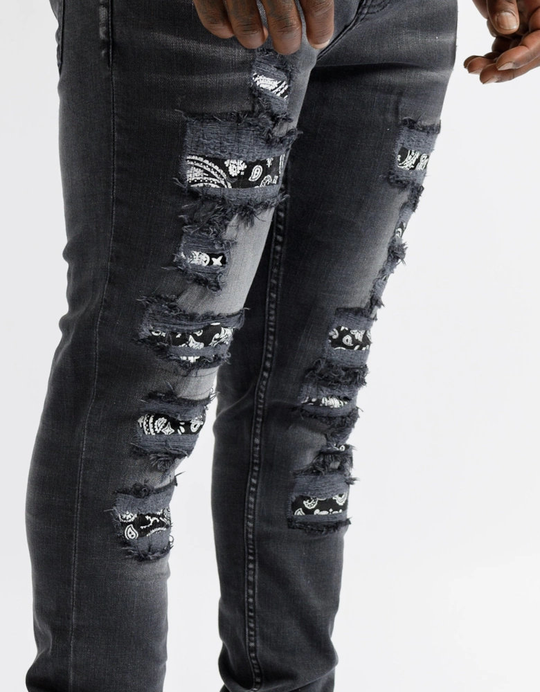 Bordeaux Bandana Distressed Jeans in Black