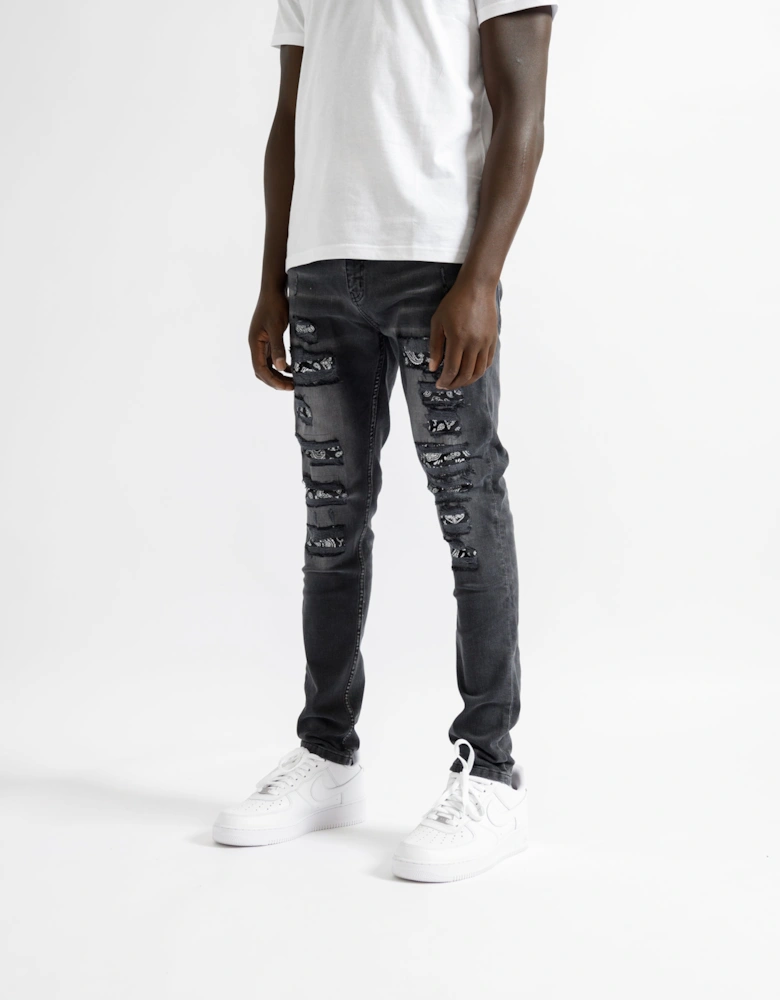 Bordeaux Bandana Distressed Jeans in Black