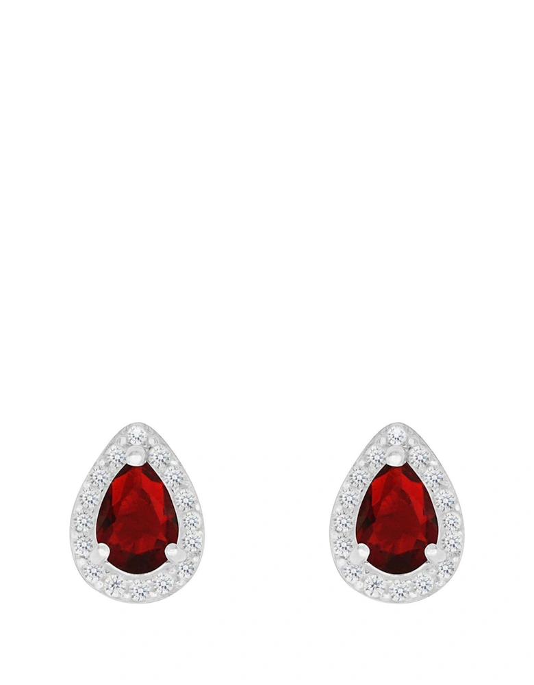 Sterling Silver Red and White Cubic Zirconia Peardrop Stud Earrings