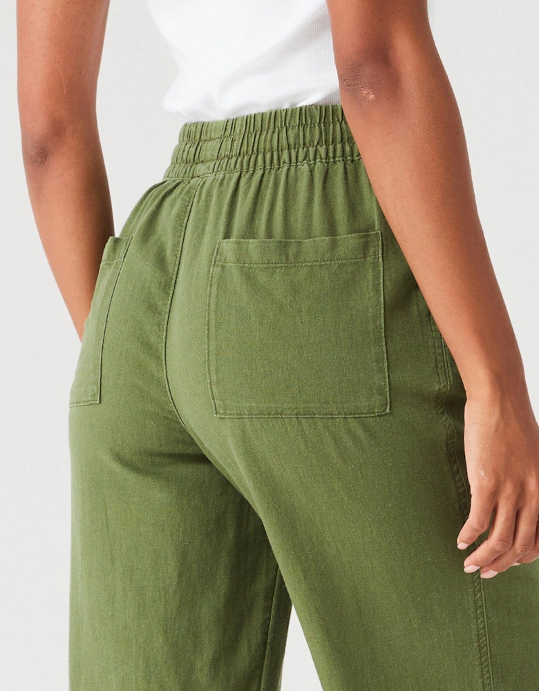 Crop Linen Blend Trousers - Khaki