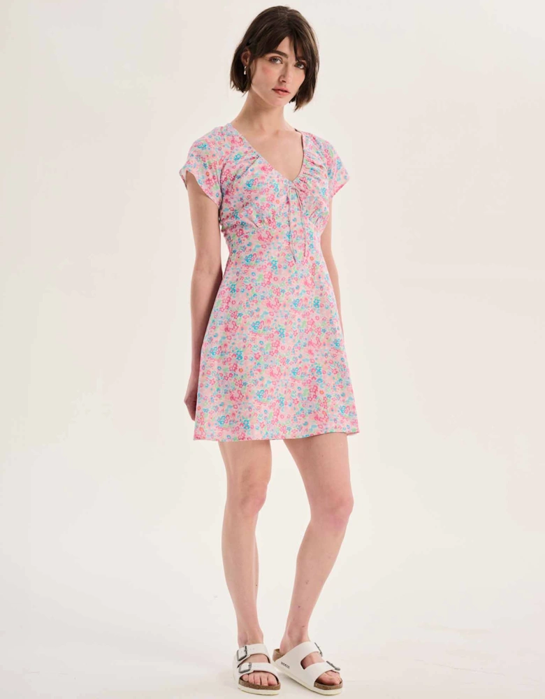 Dotty V Neck Ruched Mini Dress in Floral Print