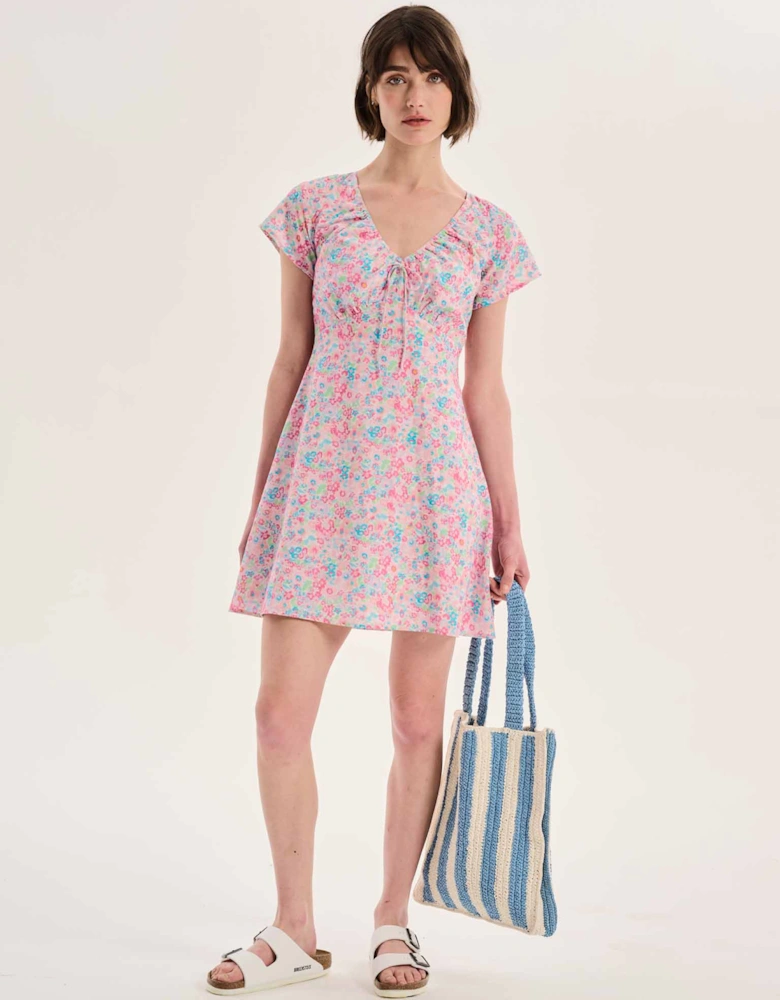 Dotty V Neck Ruched Mini Dress in Floral Print