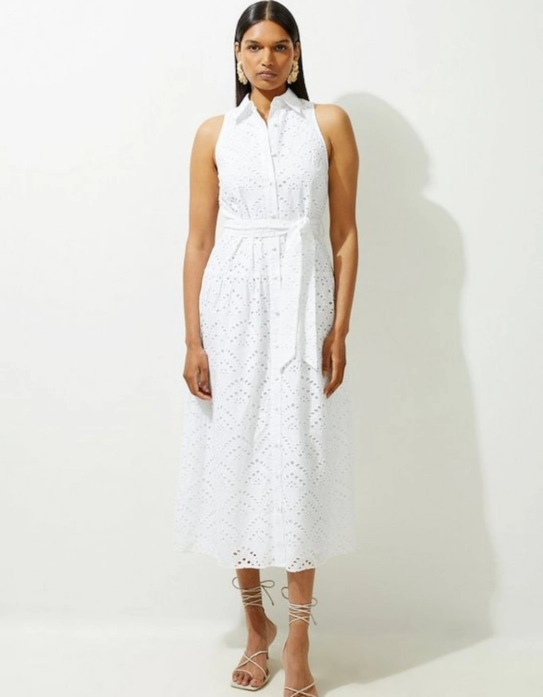 Petite Cotton Broderie Belted Woven Maxi Shirt Dress