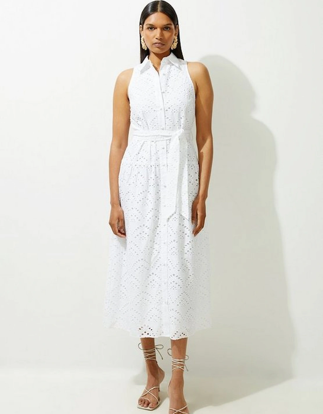 Petite Cotton Broderie Belted Woven Maxi Shirt Dress, 4 of 3