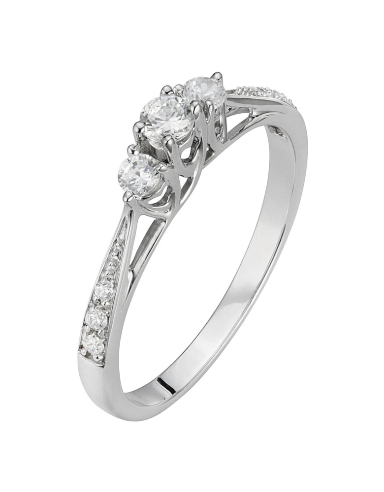 9ct White Gold 23 Point Three-Stone Diamond Ring with Heart Detail
