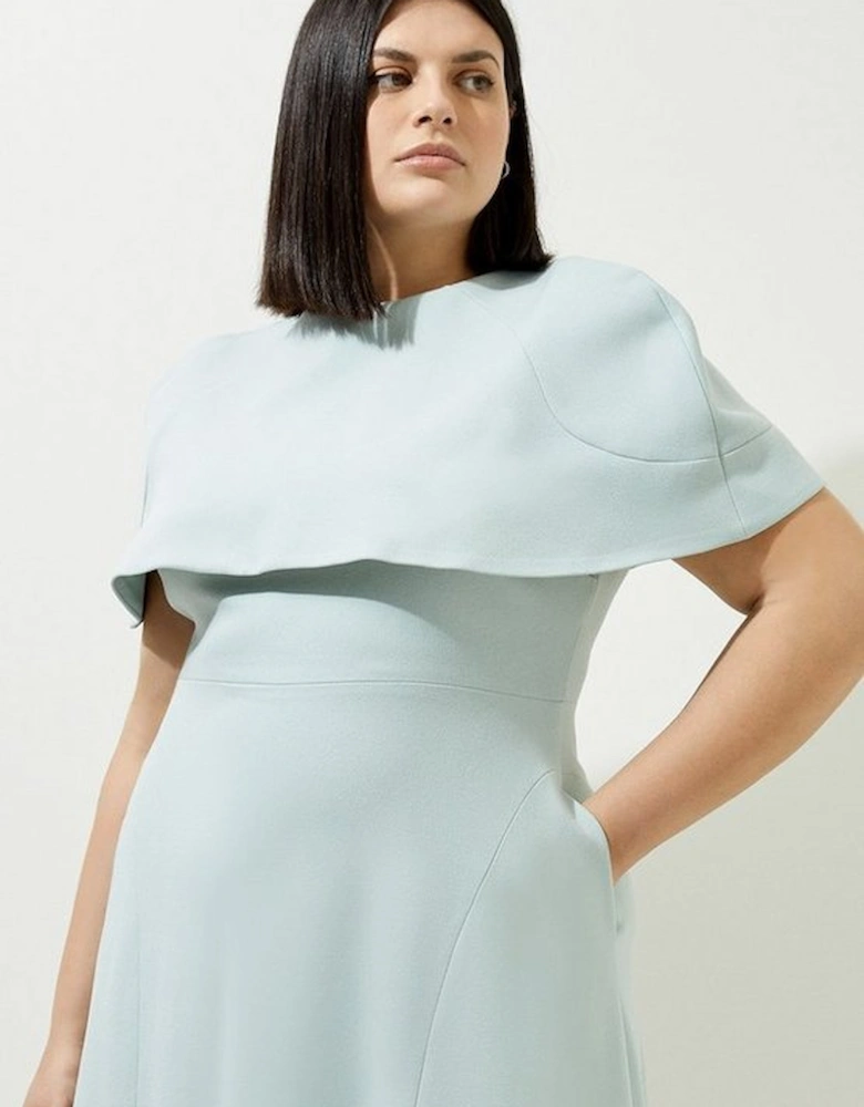 Lydia Millen Plus Size Structured Crepe Cape Sleeve Full Skirt Tailored Midi Dress