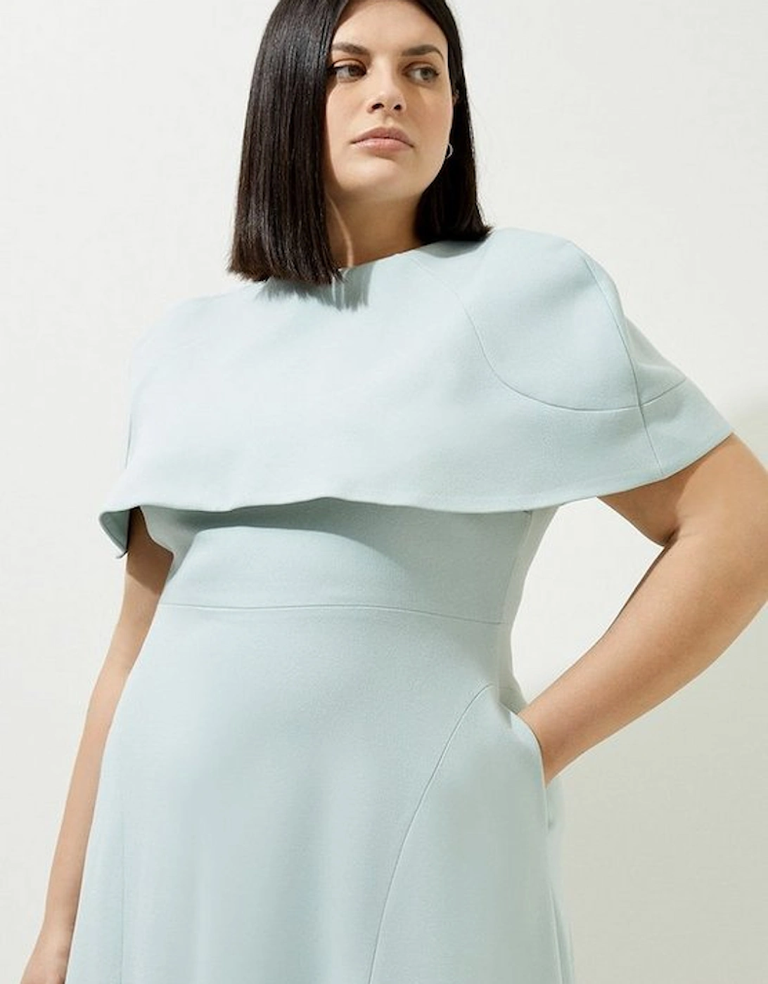 Lydia Millen Plus Size Structured Crepe Cape Sleeve Full Skirt Tailored Midi Dress