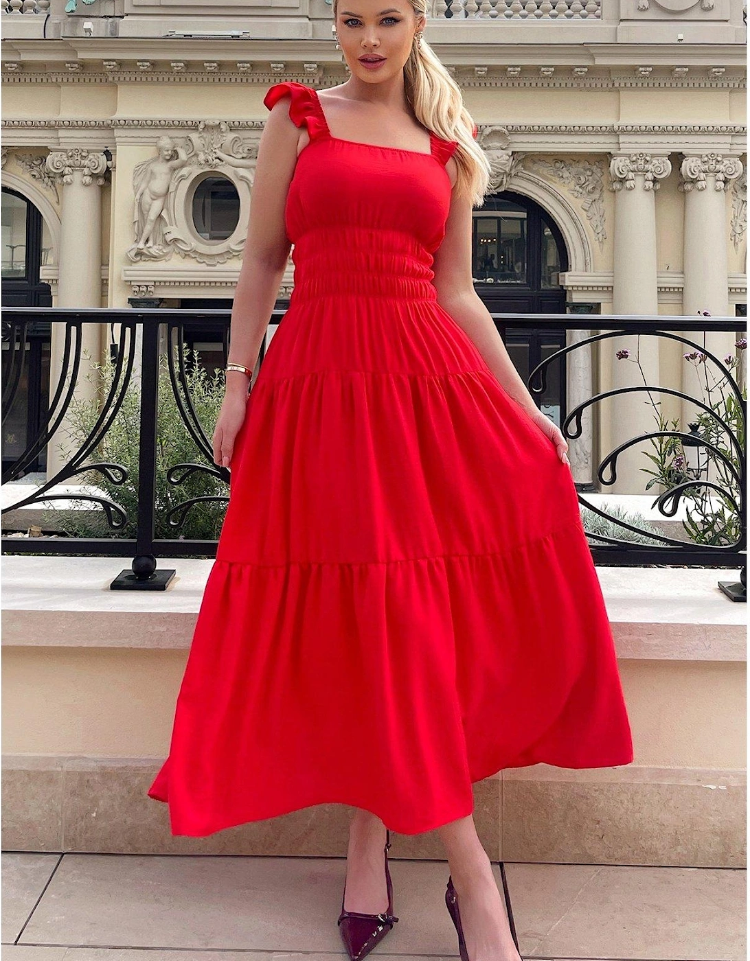 Frill Strap Tiered Midi Dress - Red