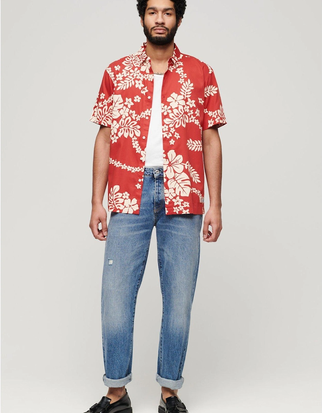 Short Sleeve Hawaiian Print Resort Shirt - Red